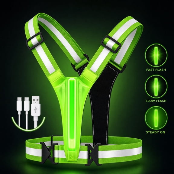 Reflective Running Vest, LED Green Light Rechargeable 3 Modes Adjustable for Outdoor Running Cycling