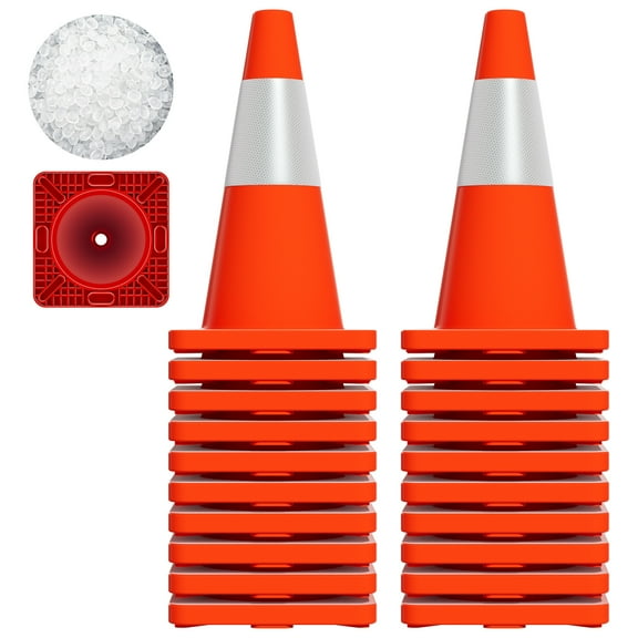 Reflective Safety Cone, Heavy Base Design, 20 Pack Bulk, PVC Traffic Cone, Orange Road Cone, Construction Site, Sports Training, Parking
