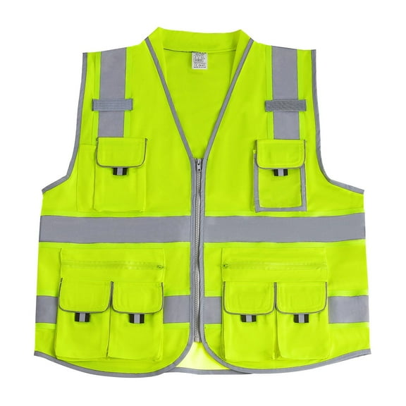 Reflective Safety Vest with 10 Pockets - High Visibility Yellow Work Vest for Men & Women - ANSI-Compliant Construction Vest for Road Work, Night Jobs & Emergency Crews - Adjustable Fit