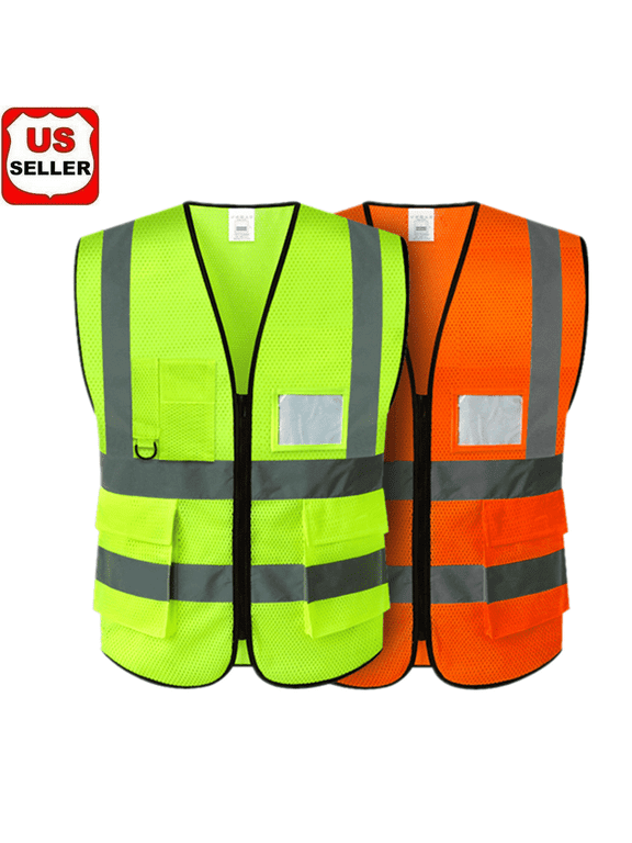 Reflective Safety Vests with Pockets and Zipper, High Visibility Mesh Construction Vest for Men Women, Breathable Neon Working Vest for Outdoor Running Cycling Walking at Night