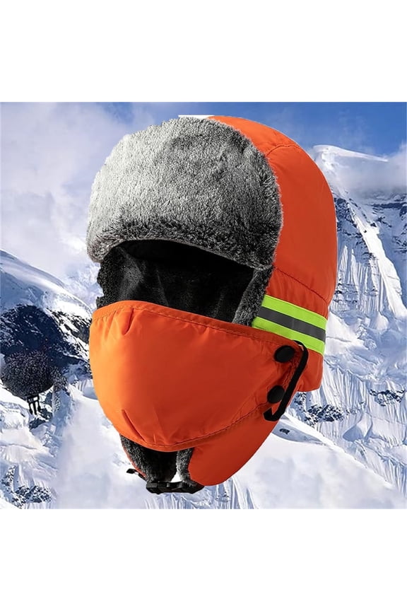 Reflective Safety Winter Ski Fur Hat Tutuviw Outdoor Warm Windproof Cap Warm Ice Fishing Trapper Cap Headwear Trapper Hat with Earflap and Face Mask for Men Women