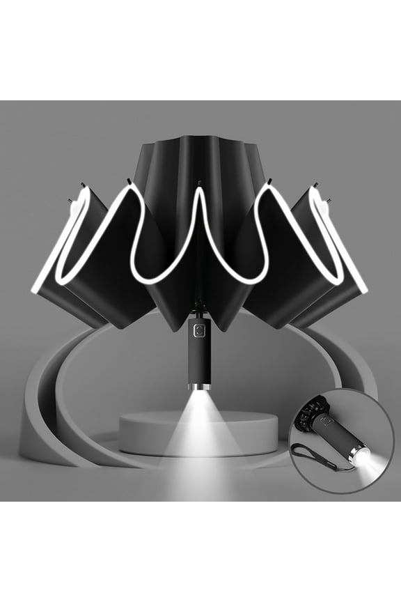 Reflective Strip Folding Umbrella Windproof Auto Open Close Compact Travel Umbrella 10 Rib 41 Inch Inverted Reverse Umbrella with LED Light for Rainy Days Commuting Car Office Outdoor Use