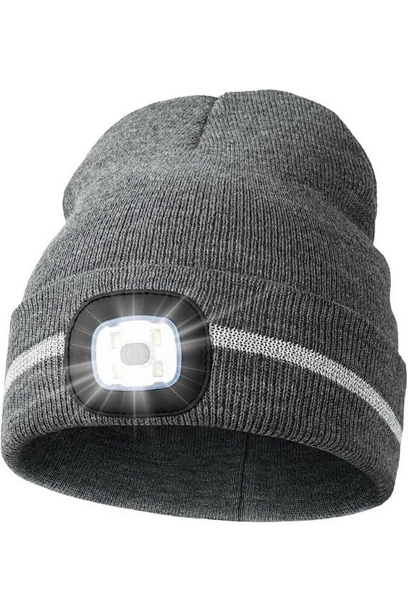 Reflective Stripe LED Beanie Safety High Visibility Winter Hat with Light for Outdoor Work Sports Gifts for Men Dad Gray