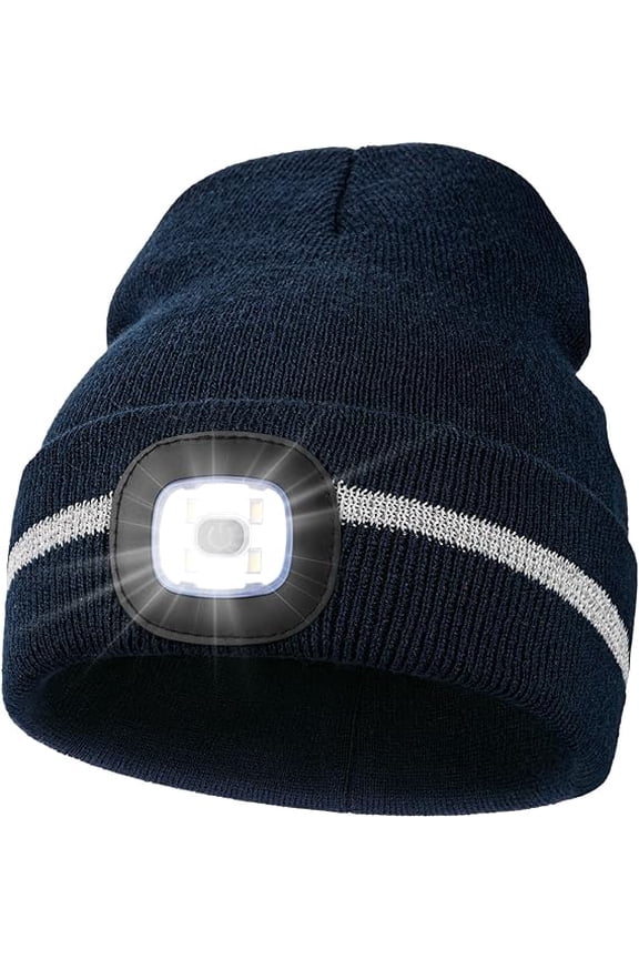 Reflective Stripe LED Beanie Safety High Visibility Winter Hat with Light for Outdoor Work Sports Gifts for Men Dad - Navy blue
