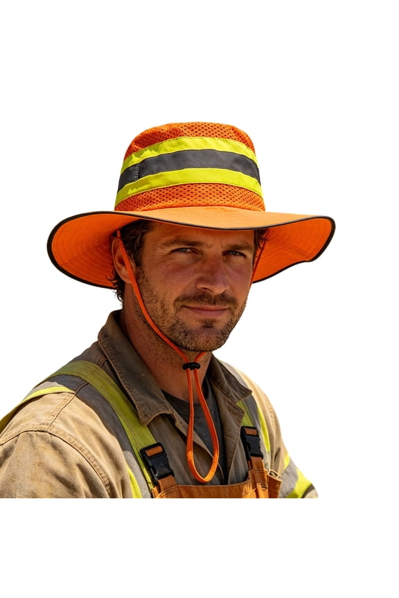 Reflective Sun Hat Wide Brim Hat with Adjustable Chin Strap High Visibility Camping Hat Breathable Mesh Boonie Hat for Construction Work Hiking Outdoor Labor