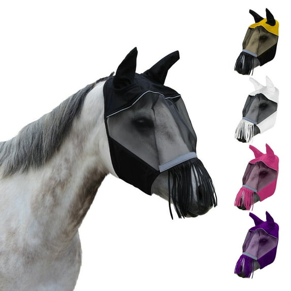 Reflective Trim Horse Fly Mask with Ears & Fringes -Medium (Cob) - Black