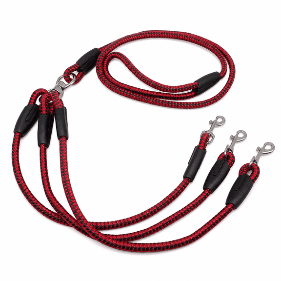 Reflective Triple Dog Leash, 63 Inch 3 Way Nylon Adjustable Leash, Detachable Dual Handle No Pull Training Lead for Multiple Dogs Walking, Red