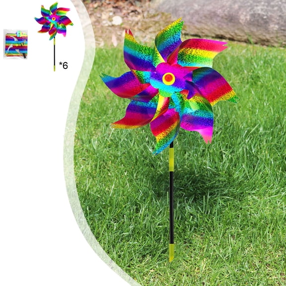 Reflective Windmills with Stakes for Garden Decor 6 Pack – Sparkly Pinwheels for Yard, Patio, Farm, and Orchard