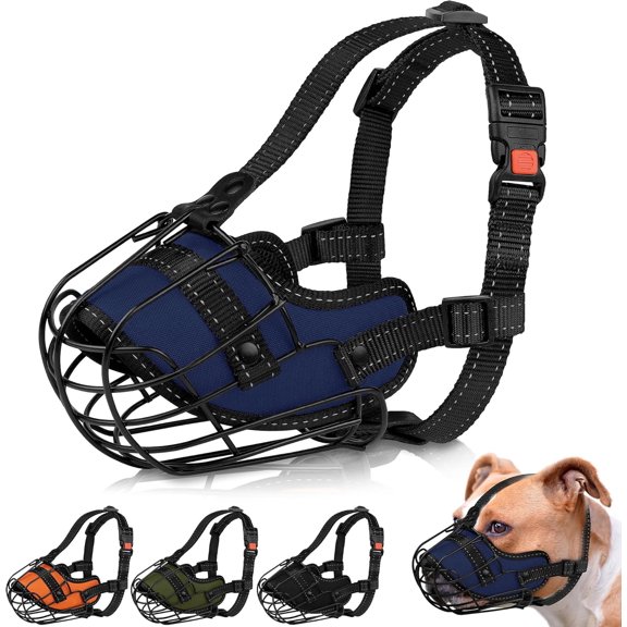 Reflective Wire Basket Muzzle for Large Dogs with Adjustable Nylon Straps Blue Pitbull Size