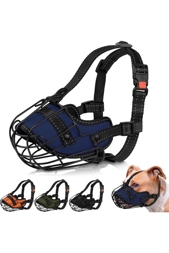 Reflective Wire Basket Muzzle for Large Dogs with Adjustable Nylon Straps Blue Pitbull Size