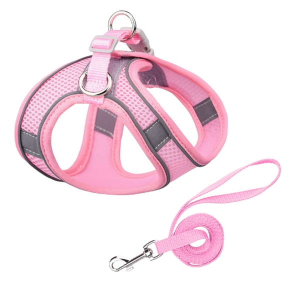 Reflective dog collar Durable dog collar mesh Breathable Vest Style Braces and Lead Rope Adjustable Dog Chest Back Set (Pink)