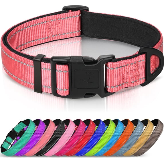 Reflective dog collar with padding, soft chloroprene rubber nylon adjustable pet collar, heavy-duty quick snap button, pet collar neon pink S