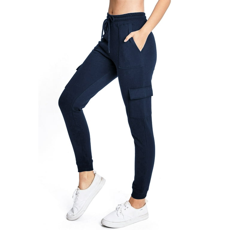 Reflex Women's Juniors High Rise Fitted Cargo Sweatpant Joggers (Navy, L)
