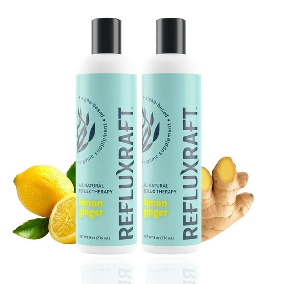 RefluxRaft Acid Reflux Therapy, Organic Alginate, Rapid & Long Lasting Gerd, LPR & Digestion Symptom Support, Zero Sugar, Gluten Free, Low Sodium, Lemon Ginger, 47 Gel Servings, 8 OZ Bottle, 2 Pack