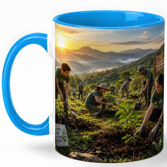 Reforestation Coffee Mug, Tree Planting Volunteers Nature Conservation Design, 11 oz Ceramic Cup