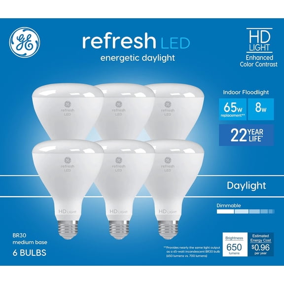 Refresh 6-Pack 65 W Equivalent Dimmable Daylight Br30 LED Light Fixture Light Bulb 22 Year Life