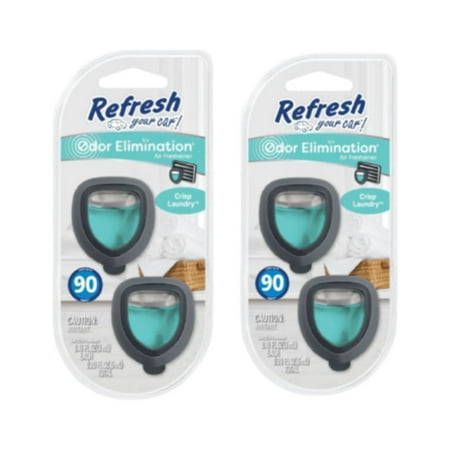 Refresh Car Air Freshener Vent Clip and Mini Car Oil Diffuser, Long-Lasting Odor Eliminator for Up to 90 days, 2 Packs, Crisp Laundry