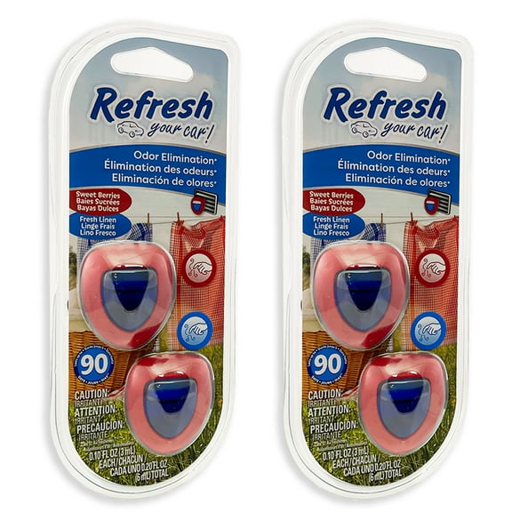 Refresh Car Air Freshener Vent Clip and Mini Car Oil Diffuser, Long-Lasting Odor Eliminator for Up to 90 days, 2 Packs, Sweet Berries & Fresh Linen