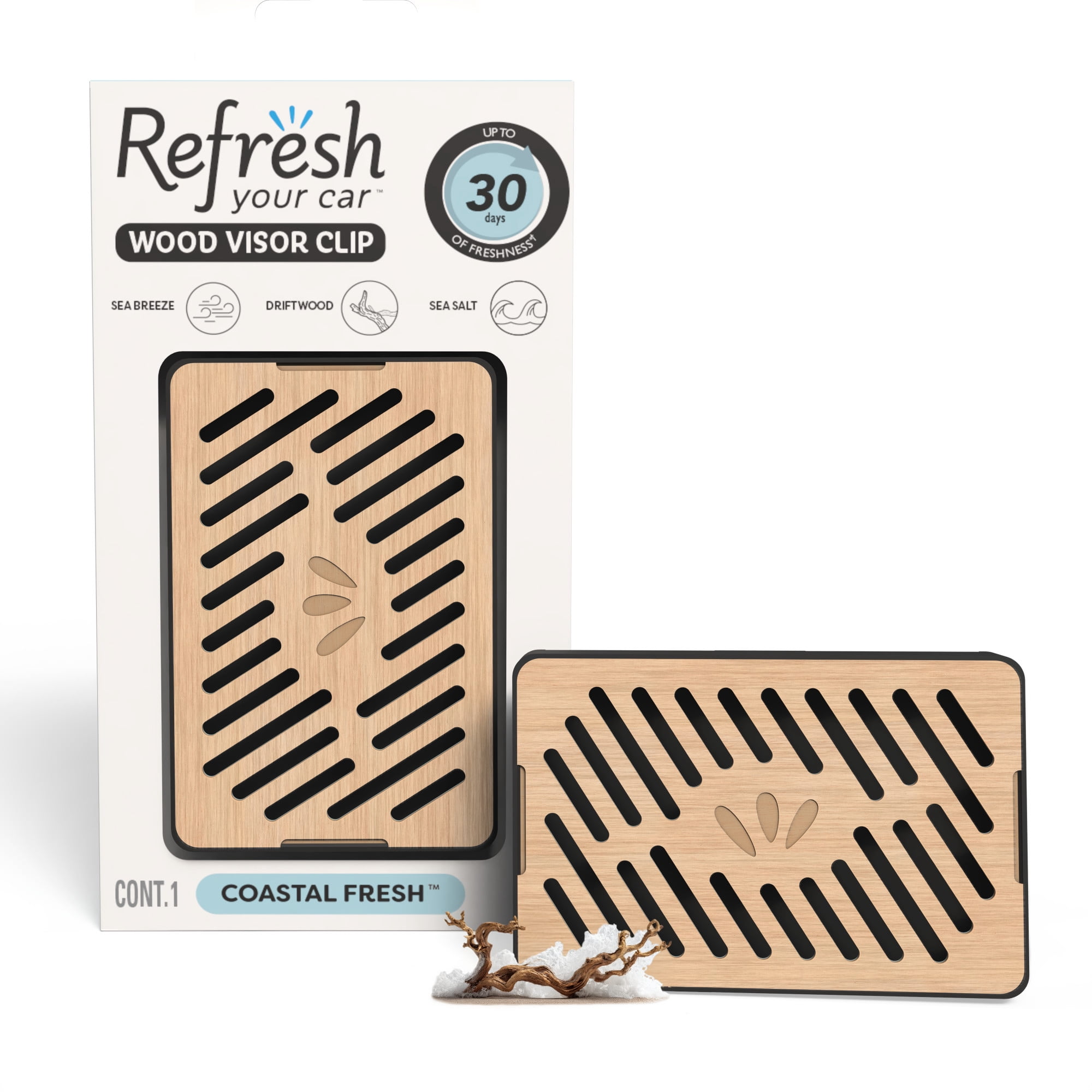 Refresh Your Car Visor Clip Car Air Freshener, Coastal Fresh Scent (1 Count), Blends a Coastal Escape of Fresh, Salty Ocean Breeze Mixed with Earthy Driftwood and Beach Moss