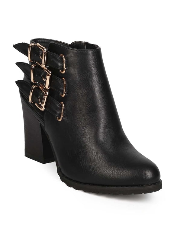 EC33 Women Leatherette Almond Toe Strappy Buckle Cutout Ankle Bootie
