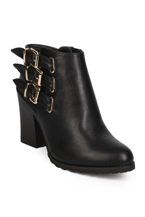 EC33 Women Leatherette Almond Toe Strappy Buckle Cutout Ankle Bootie