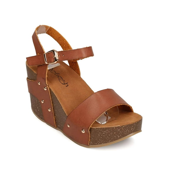 Refresh EG96 Women Leatherette Open Toe Studded Ankle Strap Wedge Sandal