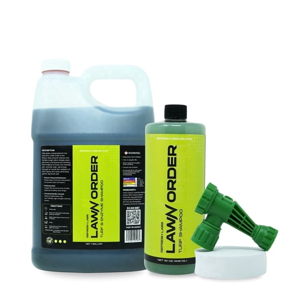 Refresh Labs LawN Order Artificial Turf Cleaner & Odor Eliminator – Enzyme Powered, Pet & Kid Safe, Removes Pet Mess Smells (1 GAL + 32 OZ + Hose)