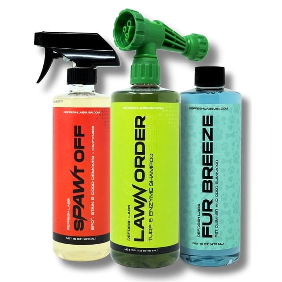 Refresh Labs Pet Odor Reset Kit – Includes LawN Order Turf Cleaner, Fur Breeze & sPAWt Off – Enzyme & Zinc Powered, Pet & Kid Safe