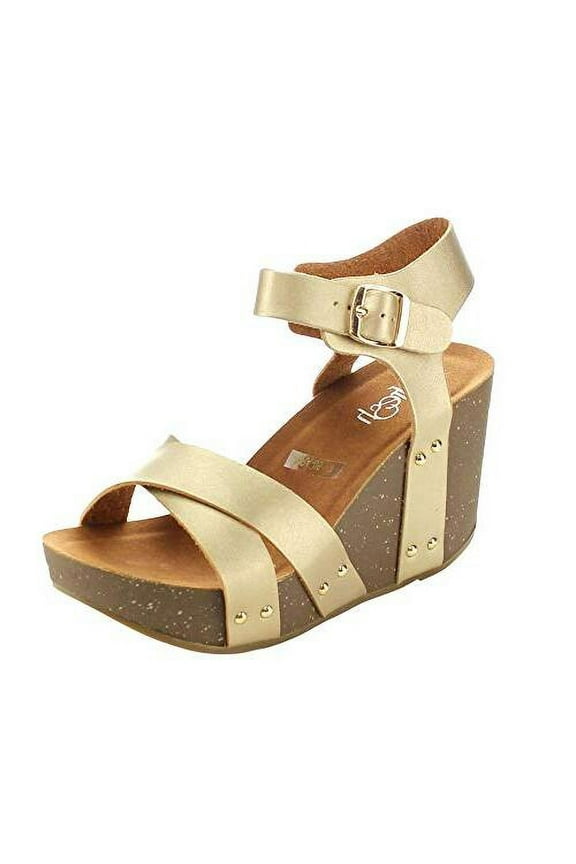 Mara-05 Champagne Ankle Strap Comfort Criss Cross Platform Wedge Sandals (Champagne, 9)