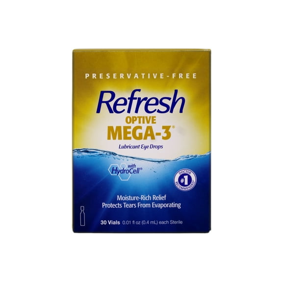 Refresh Optive Mega-3 Lubricant Eye Drops, Preservative-Free, 0.01 fl oz, 30 Vials (Pack of 18)