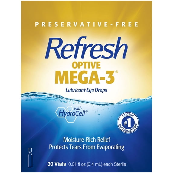 Refresh Optive Mega-3 Lubricant Eye Drops Non-Preserved Tears, 30 Single-Use Containers, 0.01 Oz (0.4 Ml), 5-Pack