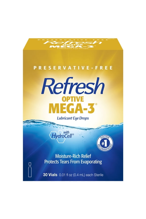 Optive Mega-3 Lubricant Eye Drops Preservative-Free Artificial Tears, 0.4 ml, 30 Count