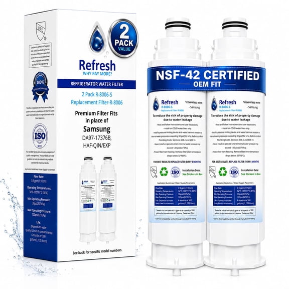 Refresh R-8006 Refrigerator Water Filter Replacement for Samsung DA97-17376B, DA97-08006C, HAF-QIN, HAF-QIN/EXP, NSF/ANSI 42, 6-Month, 2-Pack