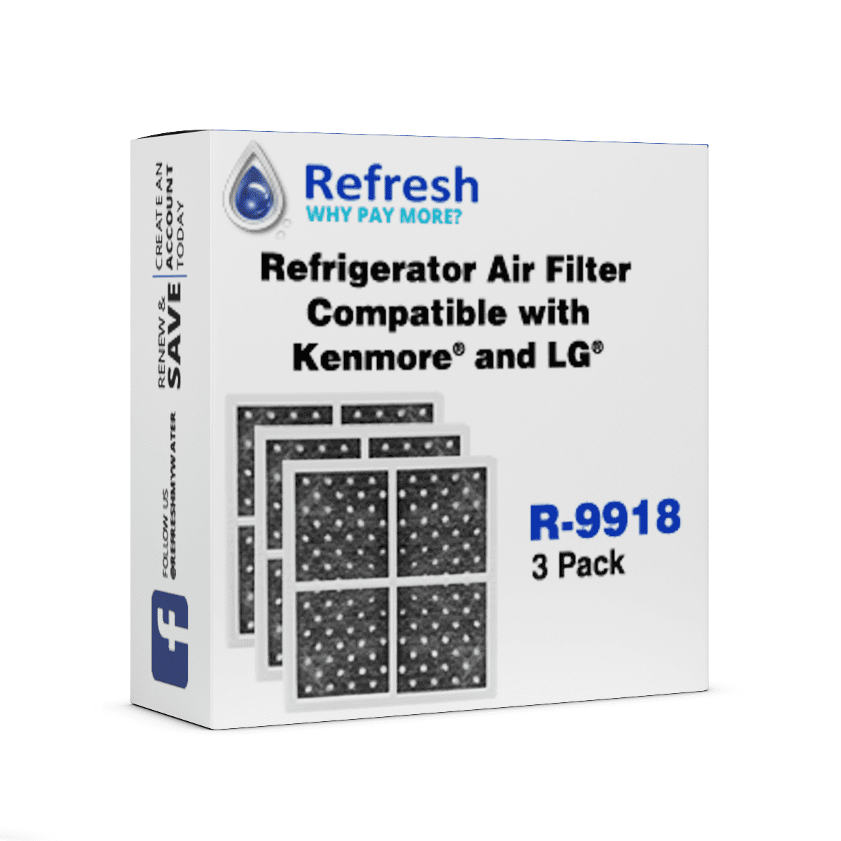 Refresh Replacement for Kenmore 46-9918, 9918, 469918, ADQ73214402, ADQ73214404 and LG LT120F Refrigerator Air Filter (3-Pack)