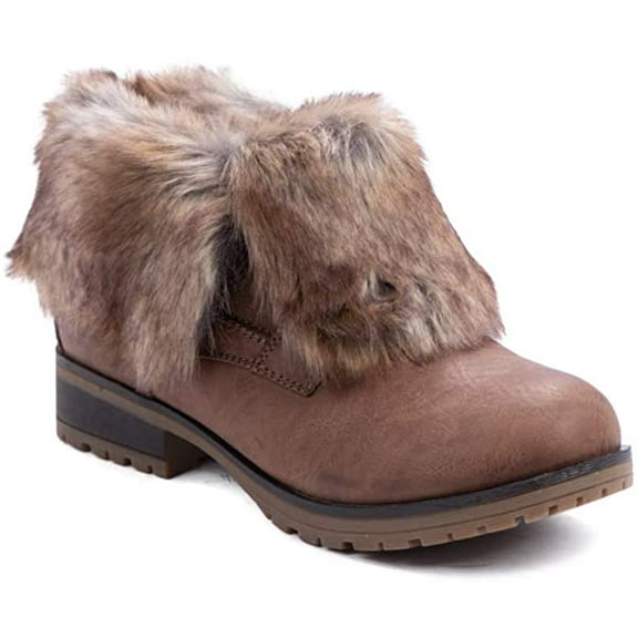 Refresh Women Wynne Leatherette Fold Down Fur Trim Combat Booties (Taupe-Fur, 6)