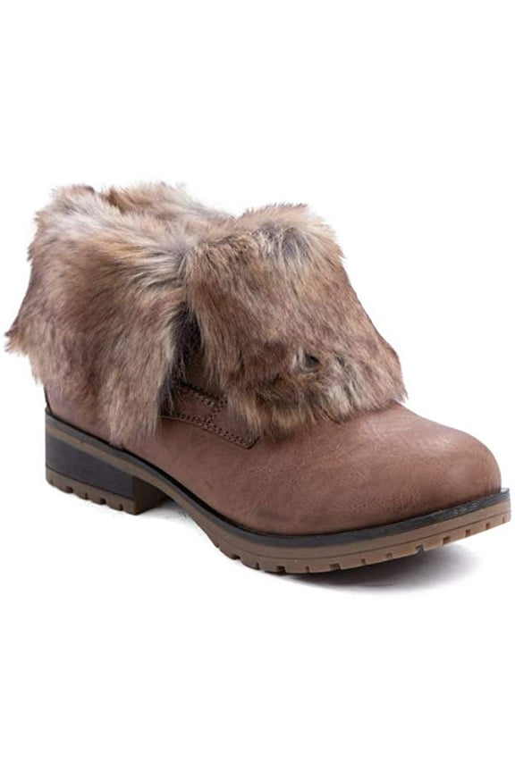 Women Wynne Leatherette Fold Down Fur Trim Combat Booties (Taupe-Fur, 6)