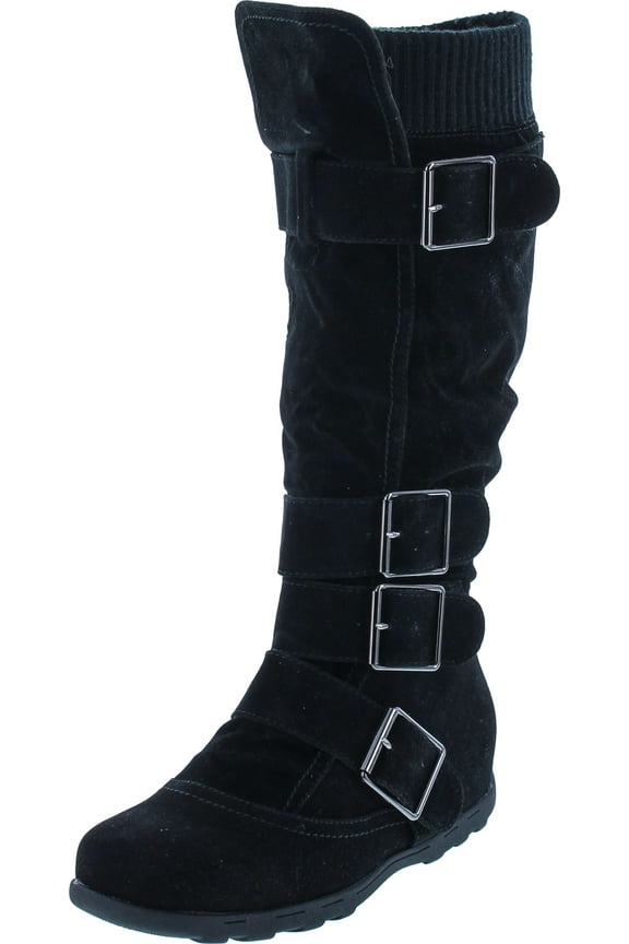 ; Women's Knee High Faux Suede Flat Winter Buckle Boots, Black, Size 8