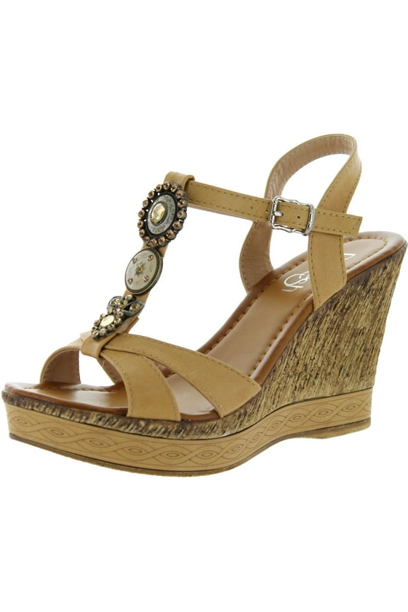 Womens Jean-01 Beaded Ankle Strap T-Strap Cork Wedge Sandals