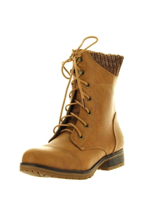 Womens Wynne-06 Combat Flat Style Lace Up Back Zipper Mid-Calf Bootie