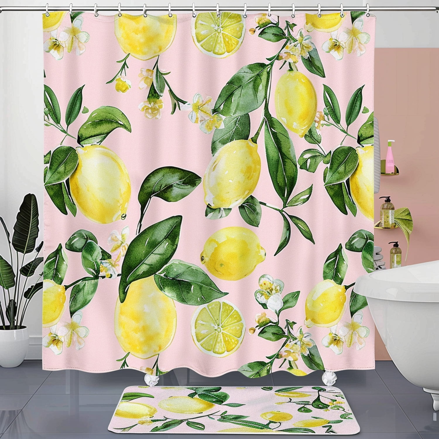 Refresh Your Bathroom with Zesty Lemon Decor Set Pastel Pink & Green