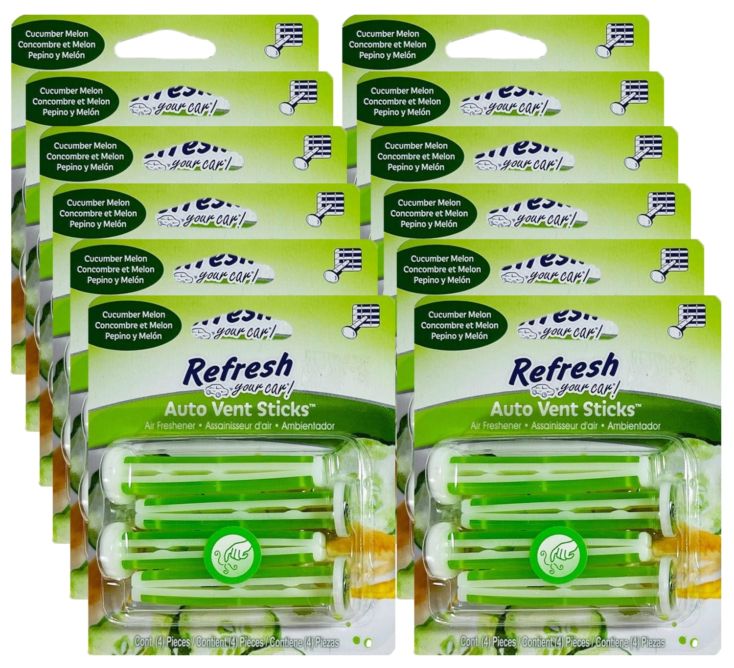Refresh Your Car! Car Air Fresheners Vent Sticks, Odor Eliminator for Car Vent Air Freshener, Cucumber Melon, 12 Packs
