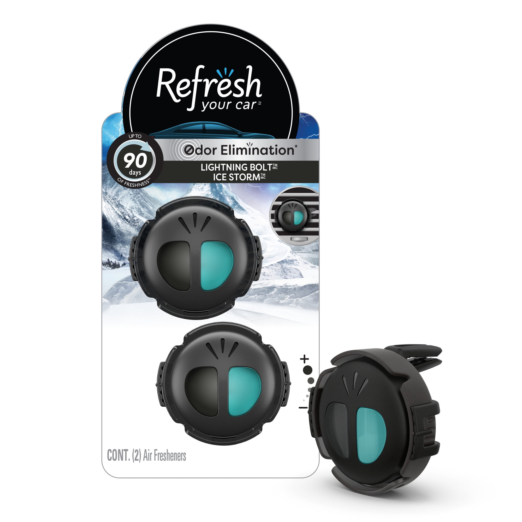 Refresh Your Car Mini Diffuser Car Air Fresheners, Lightning Bolt / Ice Storm Scent, 2 Pack