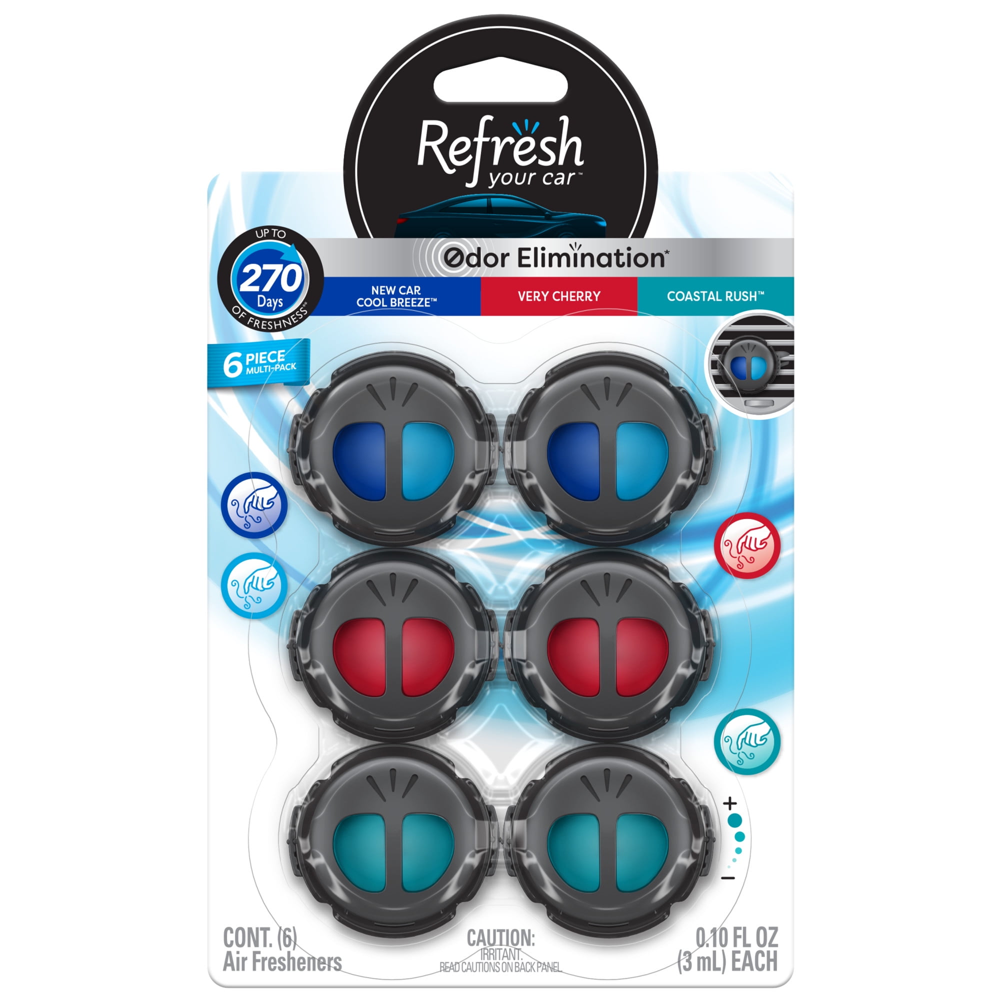 Refresh Your Car Mini Diffuser Car Air Fresheners Variety Pack, New Car / Cool Breeze, Very Cherry, and Coastal Rush Scents, 6 Pack