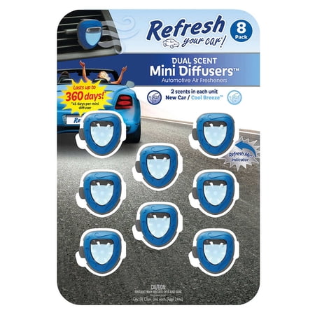 8 Count | Refresh Your Car! Dual Scent Mini Diffusers (New Car/Cool Breeze Duel Scent)