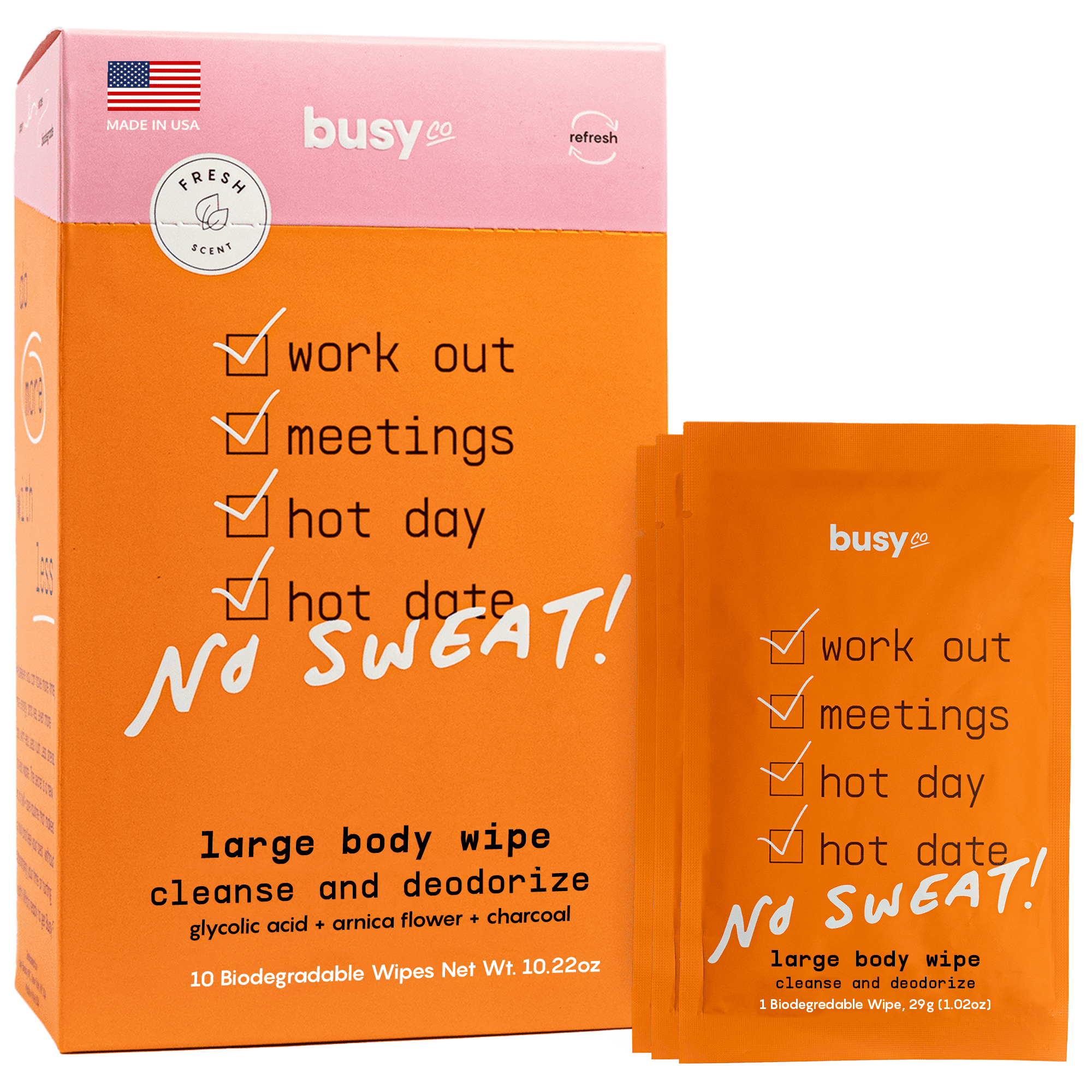 Refreshing Body Wipes for Women - 10 wipes - Unscented Cleansing Wipes for Gym, Travel, and on-the-go - No Rinse Bathing & Armpit Wipes - Zero-Waste & Eco-Friendly by BusyCo.