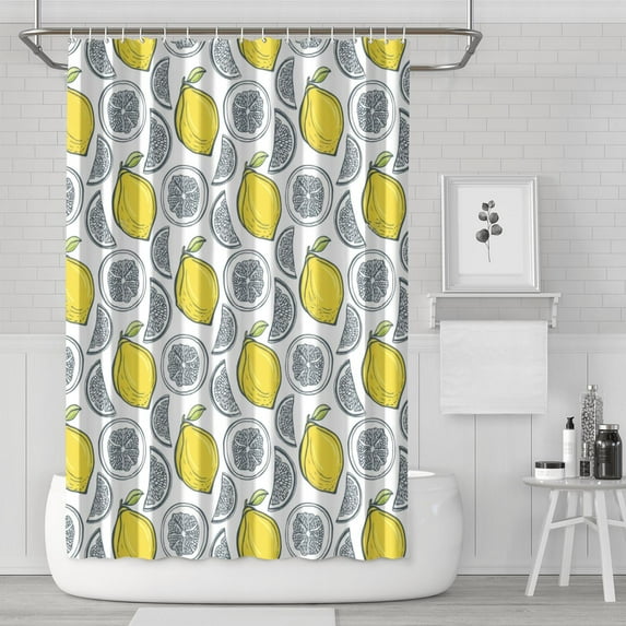 Refreshing Fruit Shower Curtain, Lemon and Bees Floral Print Waterproof Bath Drapes 72x72 Inch Fresh Yellow Summer Polyester Fabric with 12 Hooks