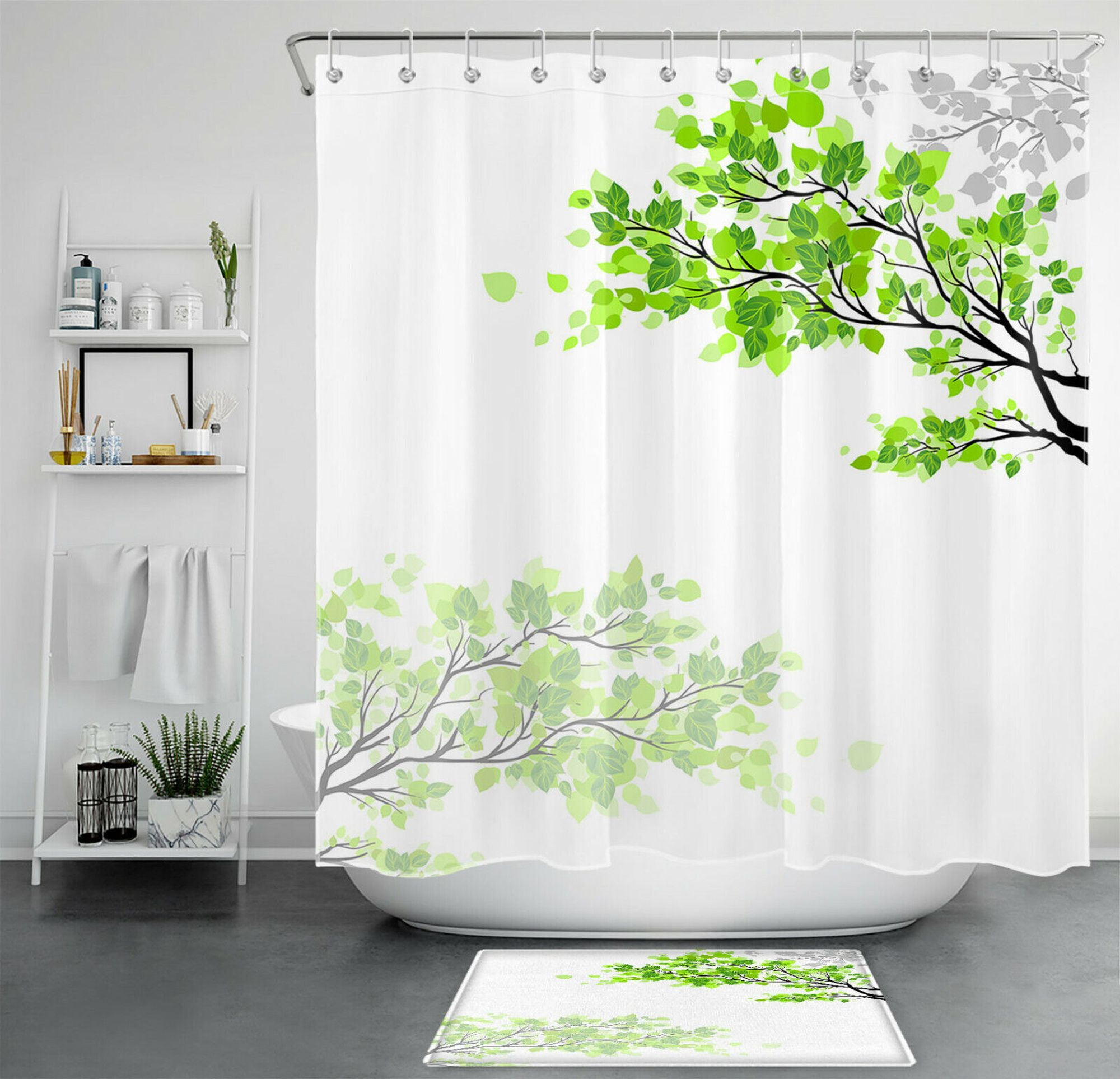 Refreshing Green Leaf Shower Curtain Vibrant Foliage on a Crisp White