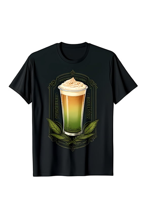 Refreshing Green Tea Latte Graphic Black T-Shirt with Brown Sugar Design BUBBLE TEA & FREDRICKO