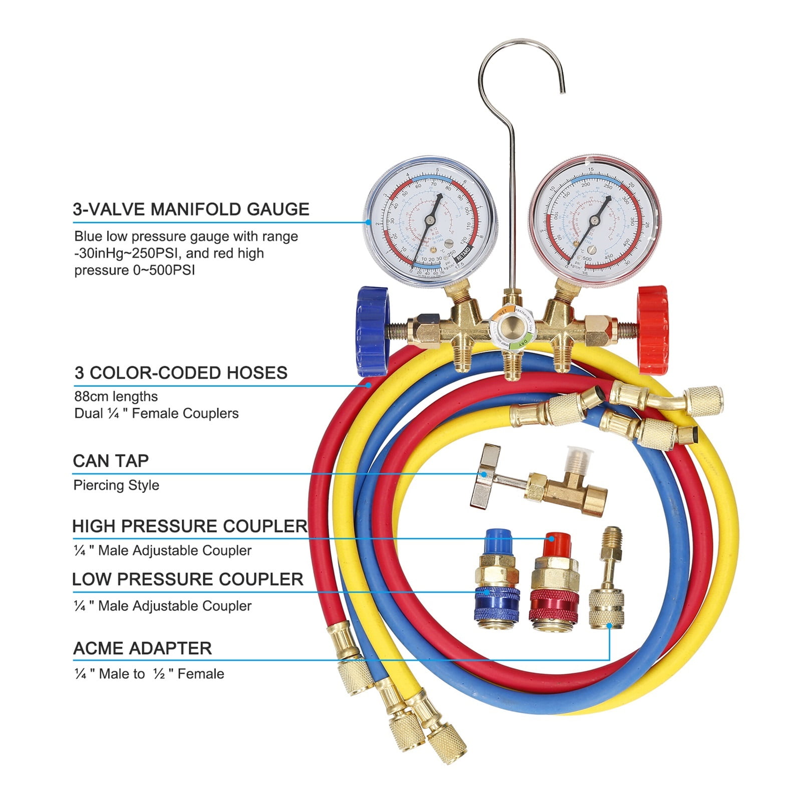 Manifold Gauge Set For A/C Refrigeration - G1/4 Ports, For R22/R410A/R134A/R407C