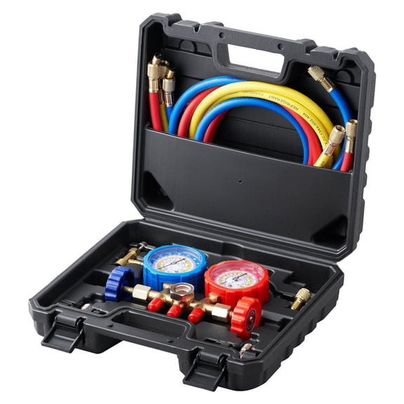 Refrigerant Manifold Gauge Set - R134A R22 R12 R502 - 3 Way AC Gauge with 5ft Hoses & Adapters for Auto HVAC and Refrigeration